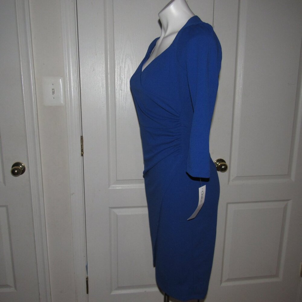 London Times Cobalt Blue Long-Sleeve Faux-Wrap Sheath Dress - Picture 3 of 10
